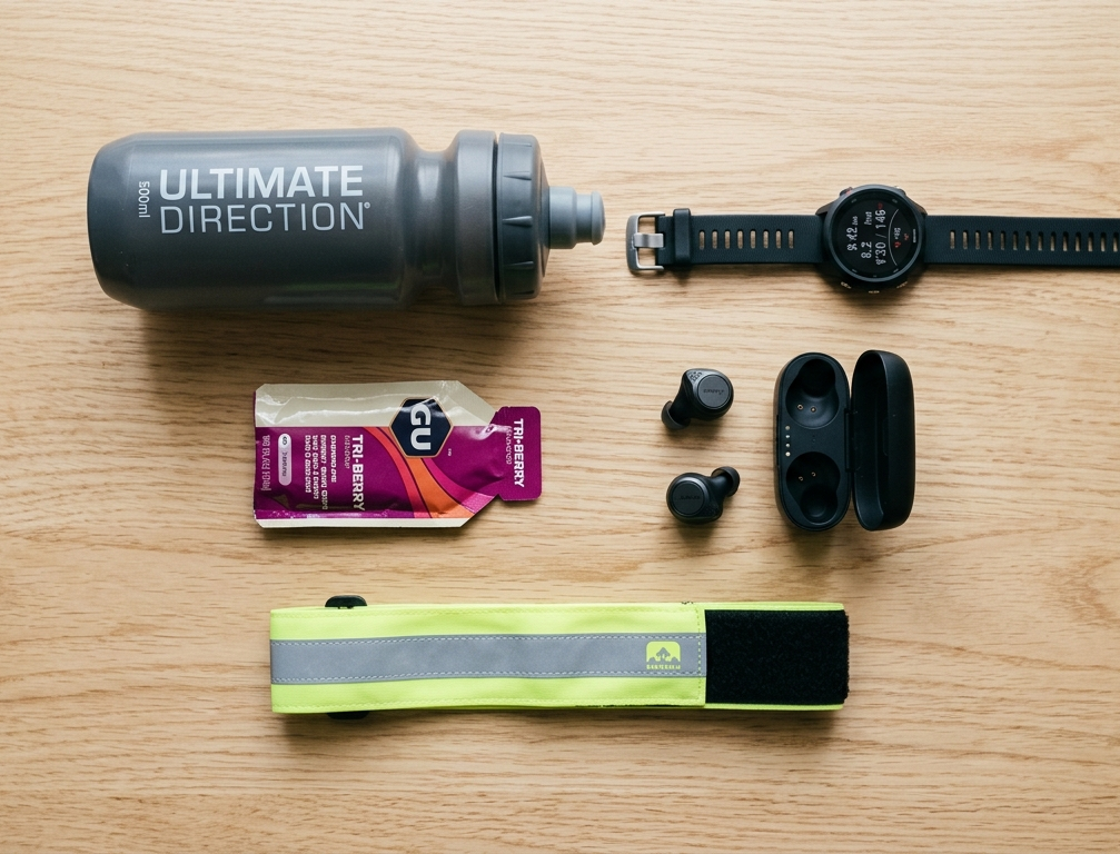 Bežecké doplnky rozložené na stole