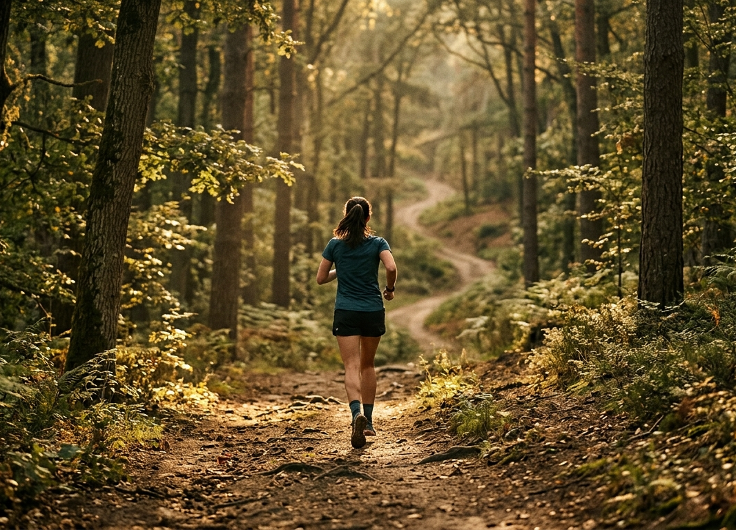 Bežec na lesnej ceste za svitania